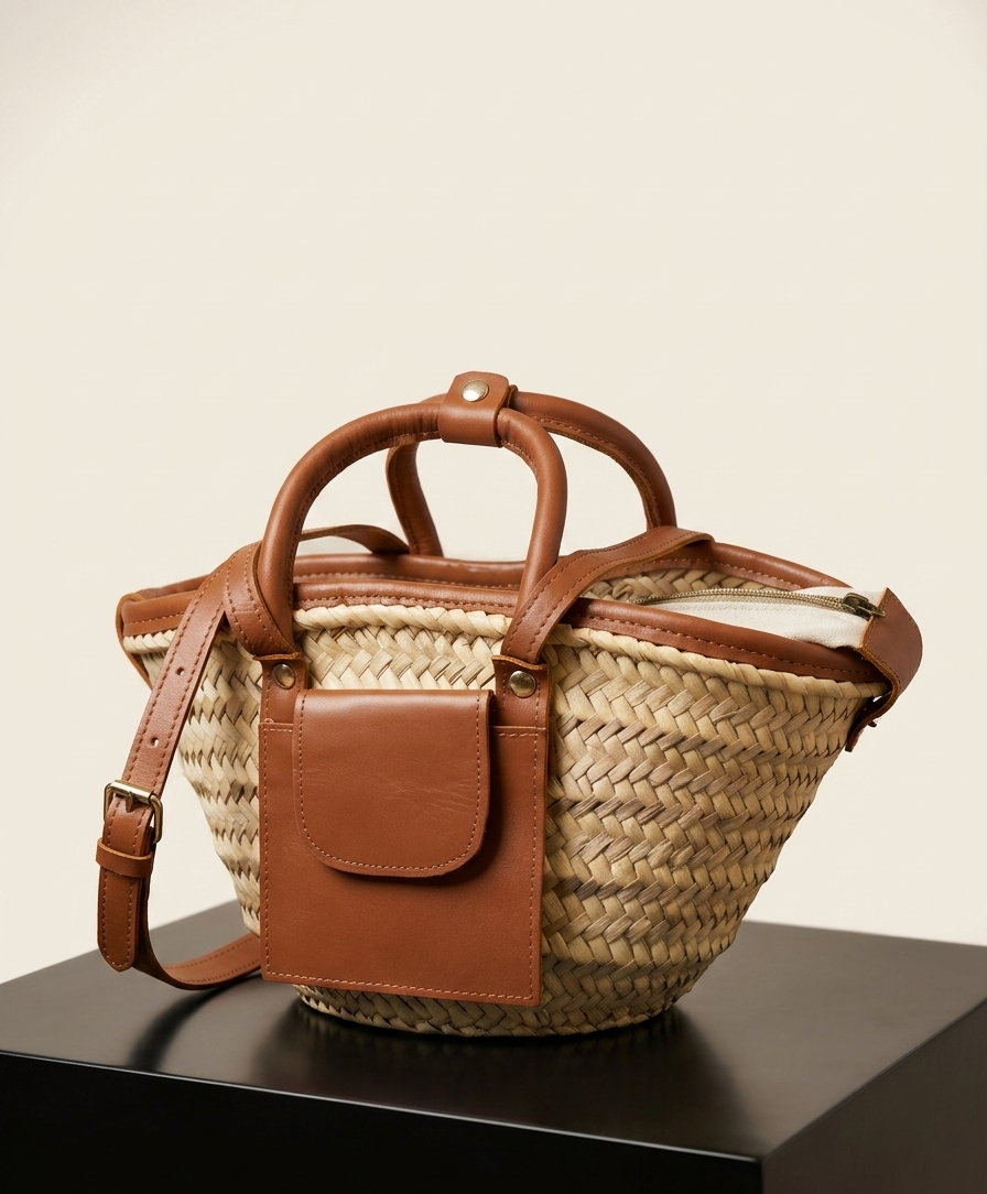 Moroccan Straw Basket Bag Leather Handles | Convertible Tote Crossbody Handbag | Palm Leaf Market Bag with Pocket | Boho Beach Bag | Gift for Her