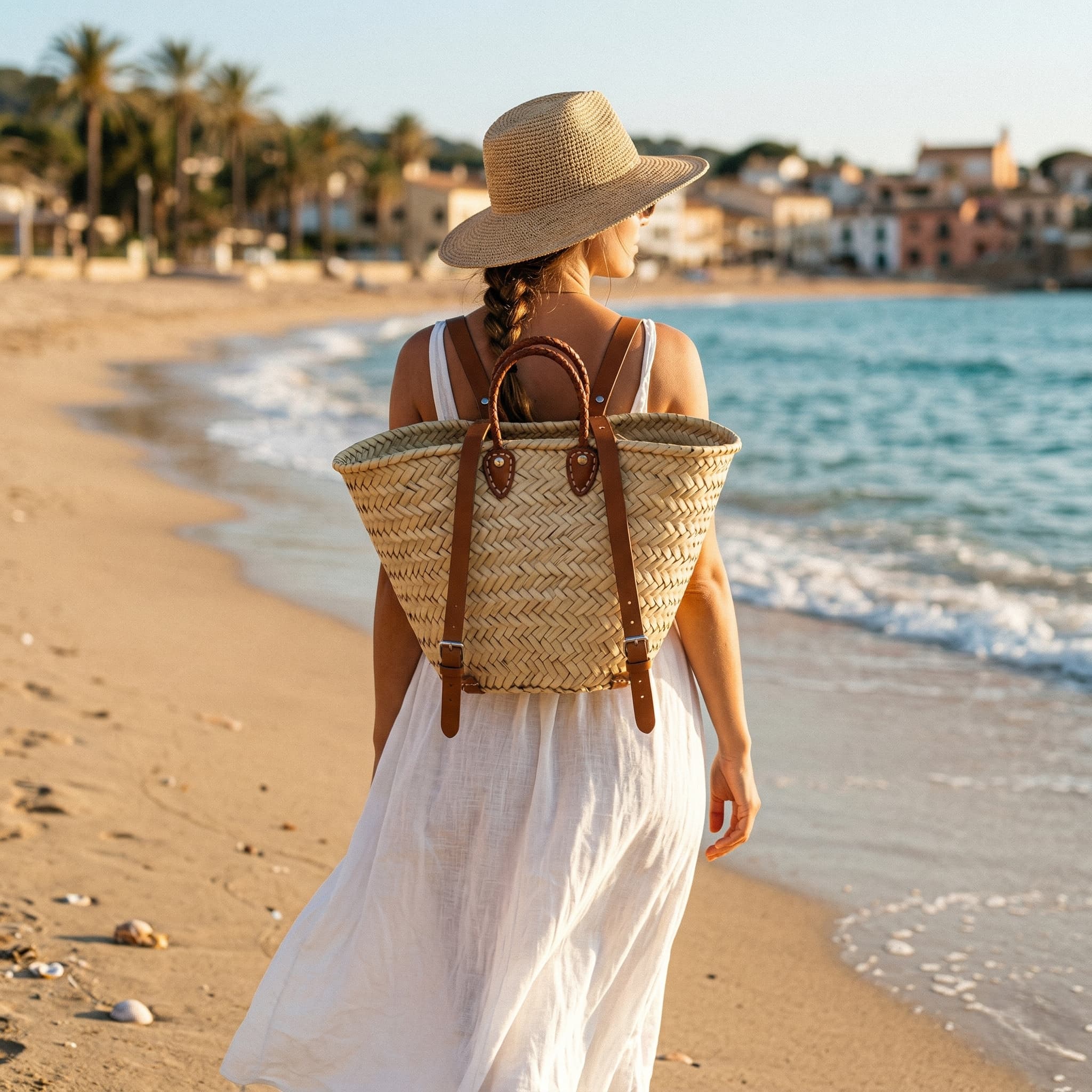 Handwoven Straw Market Tote Leather Handles | Moroccan Palm Leaf Basket Bag | Boho Beach Tote Braided Strap | Convertible Backpack | Artisan Shopping Bag Gift for Her