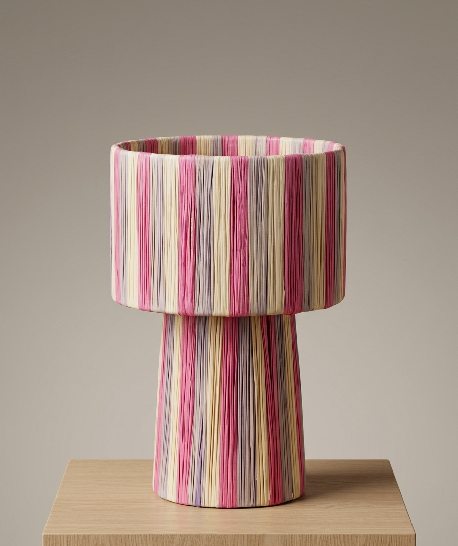 Pink Raffia Table Lamp Handmade | Moroccan Boho Striped Straw Desk Light | Mushroom Lamp Pink Decor | Eclectic Housewarming Gift | Artisan