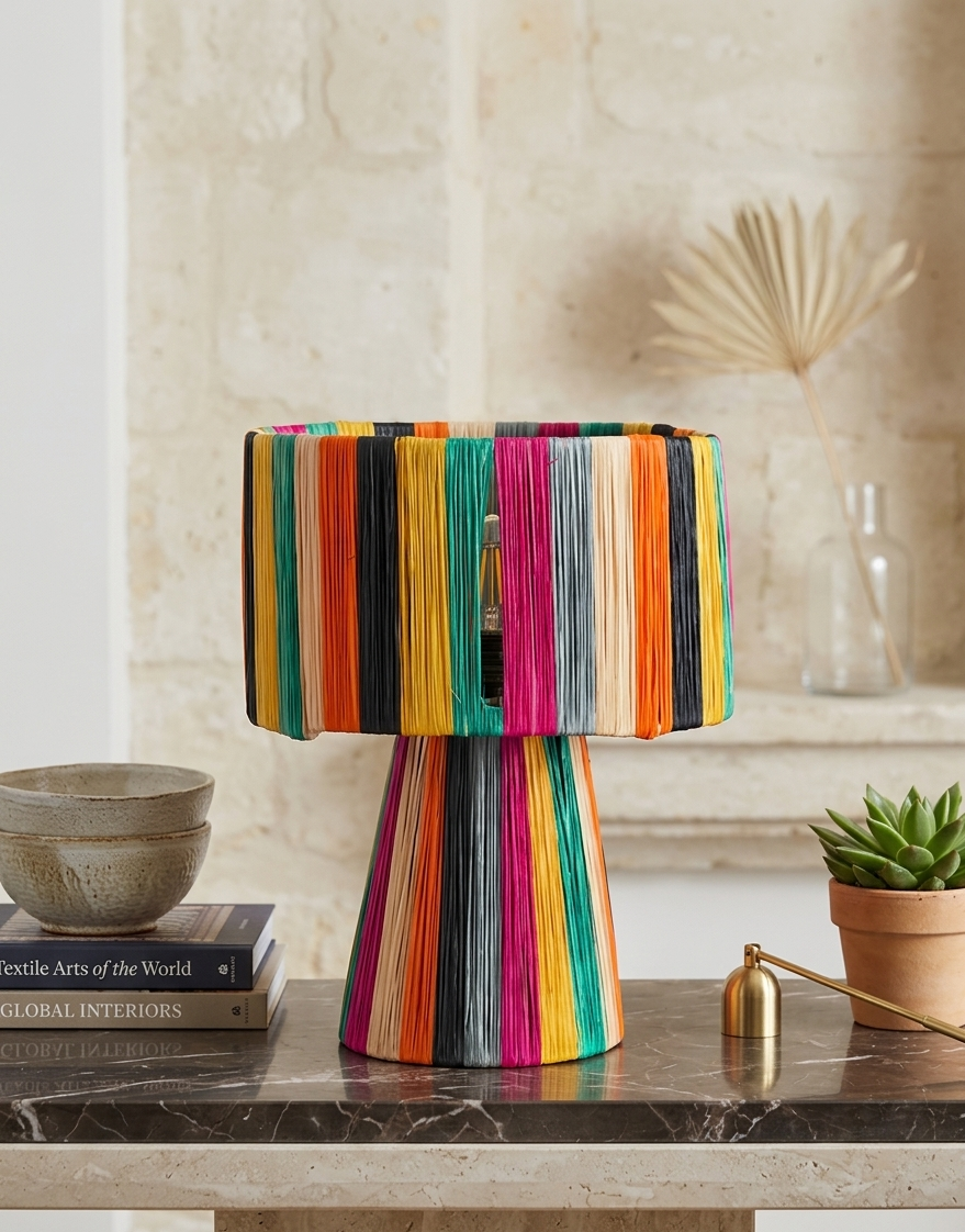 Multicolor Raffia Table Lamp Handmade | Moroccan Boho Striped Straw Desk Light | Colorful Mushroom Lamp | Eclectic Home Decor | Unique Housewarming Gift