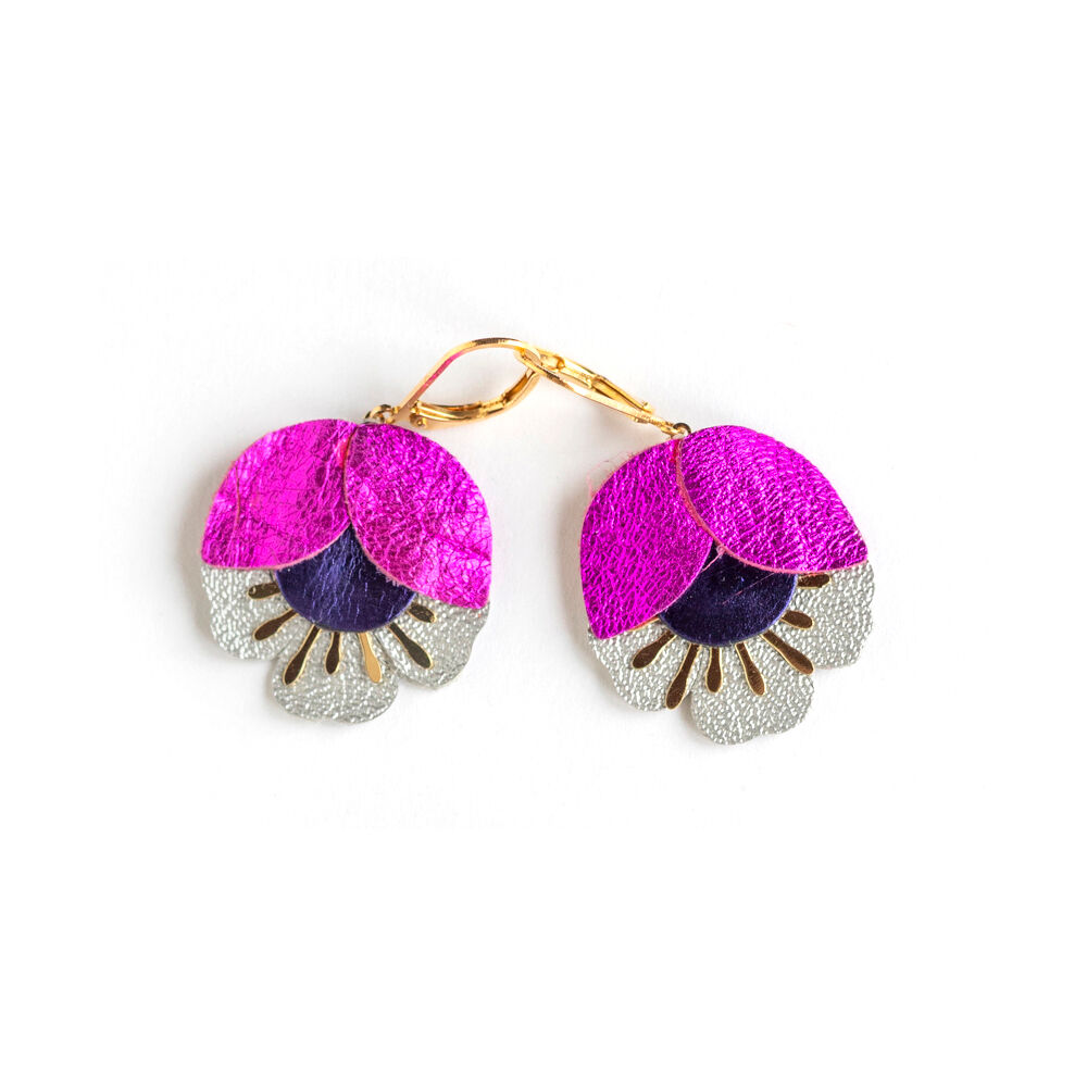 Kirschblüten-Ohrringe – Metallic-Fuchsia-Leder, Lila, Silber
