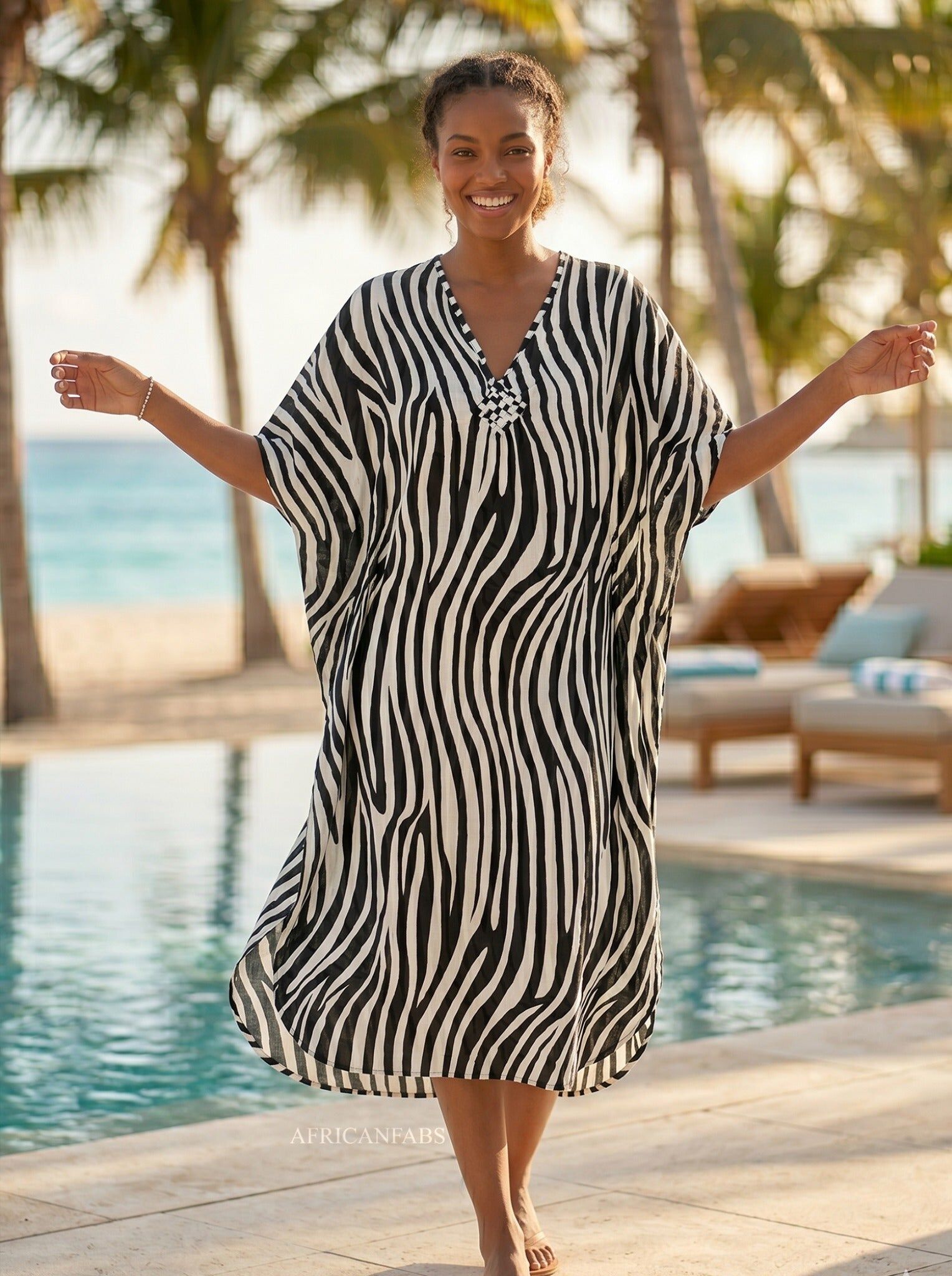 Boho rayon kaftan dress - Black White Zebra Flow