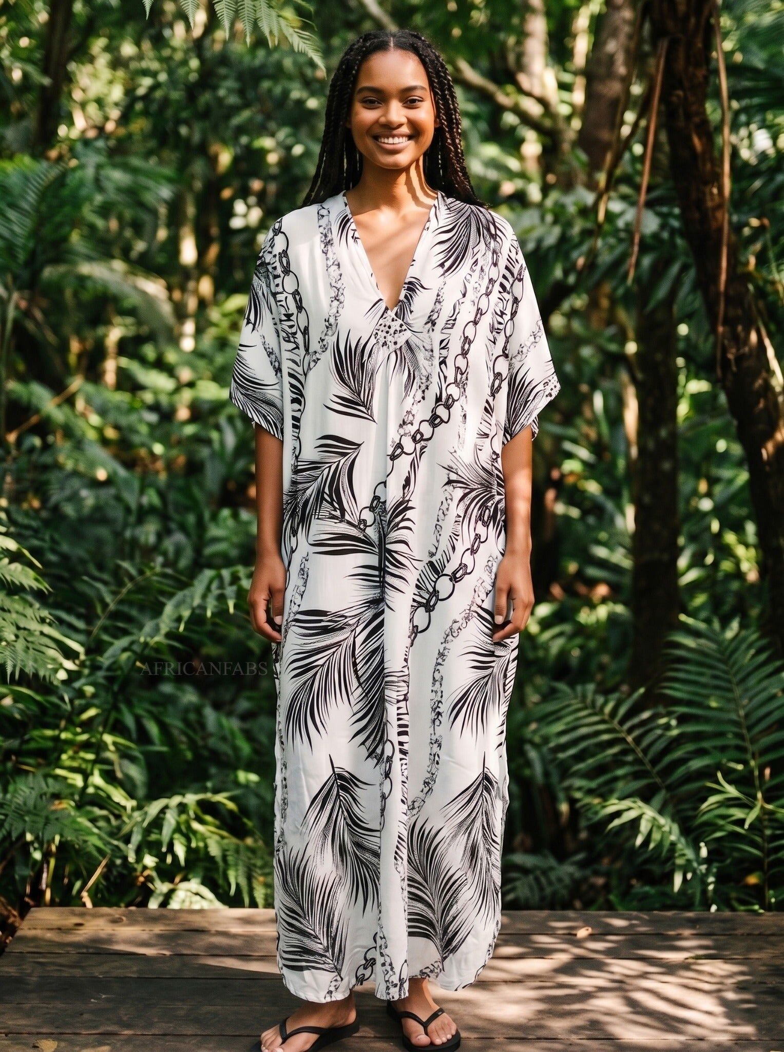 Boho rayon kaftan dress - White Black Palm Chains