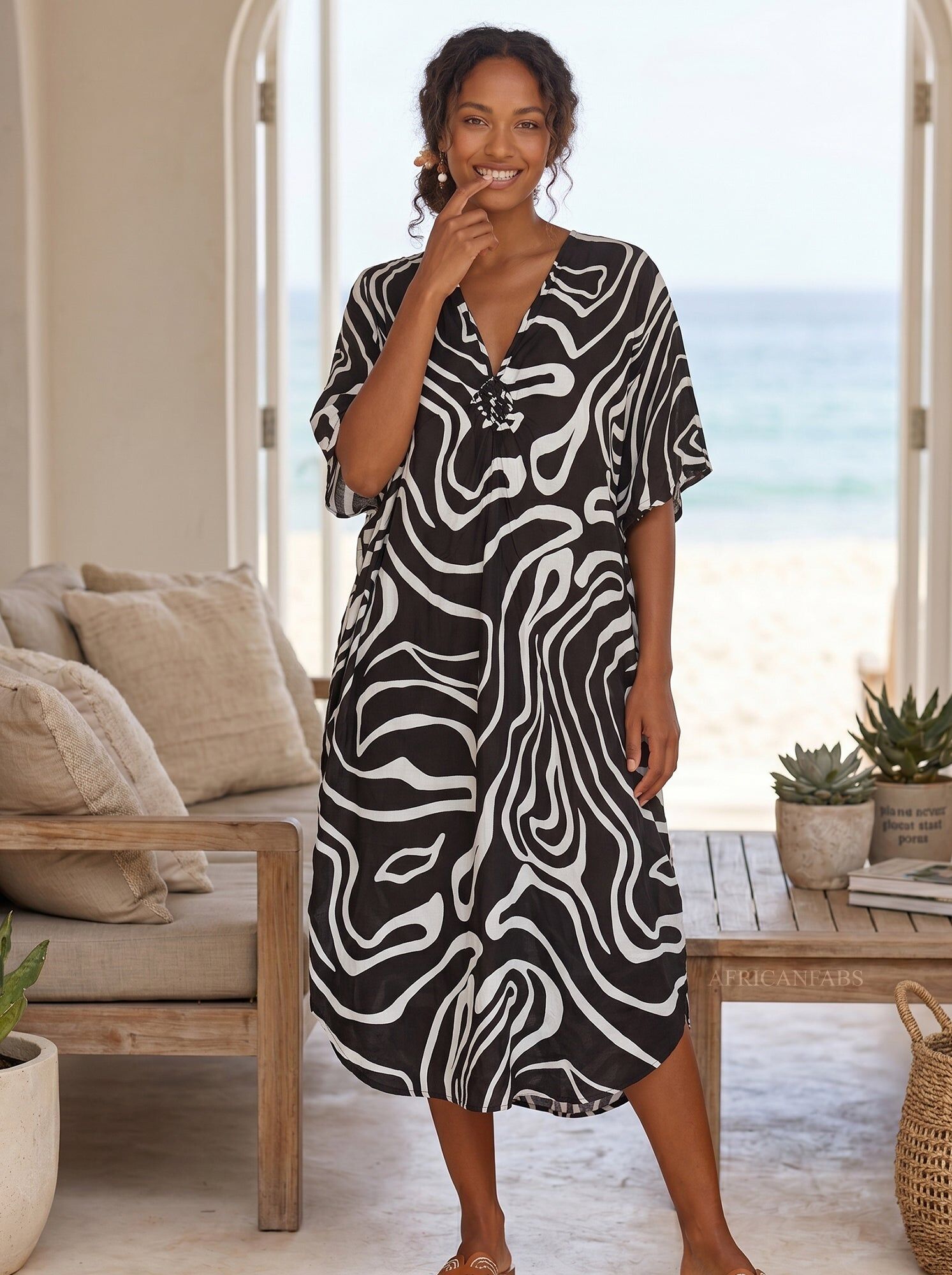 Boho rayon kaftan dress - Black White Tribal Waves