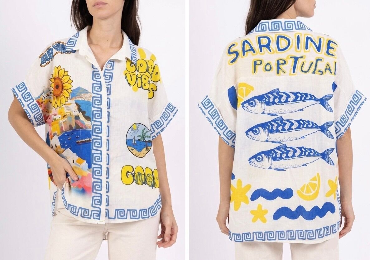 Loose-fitting, short-sleeved shirt with various printed turn-ups on the front and back