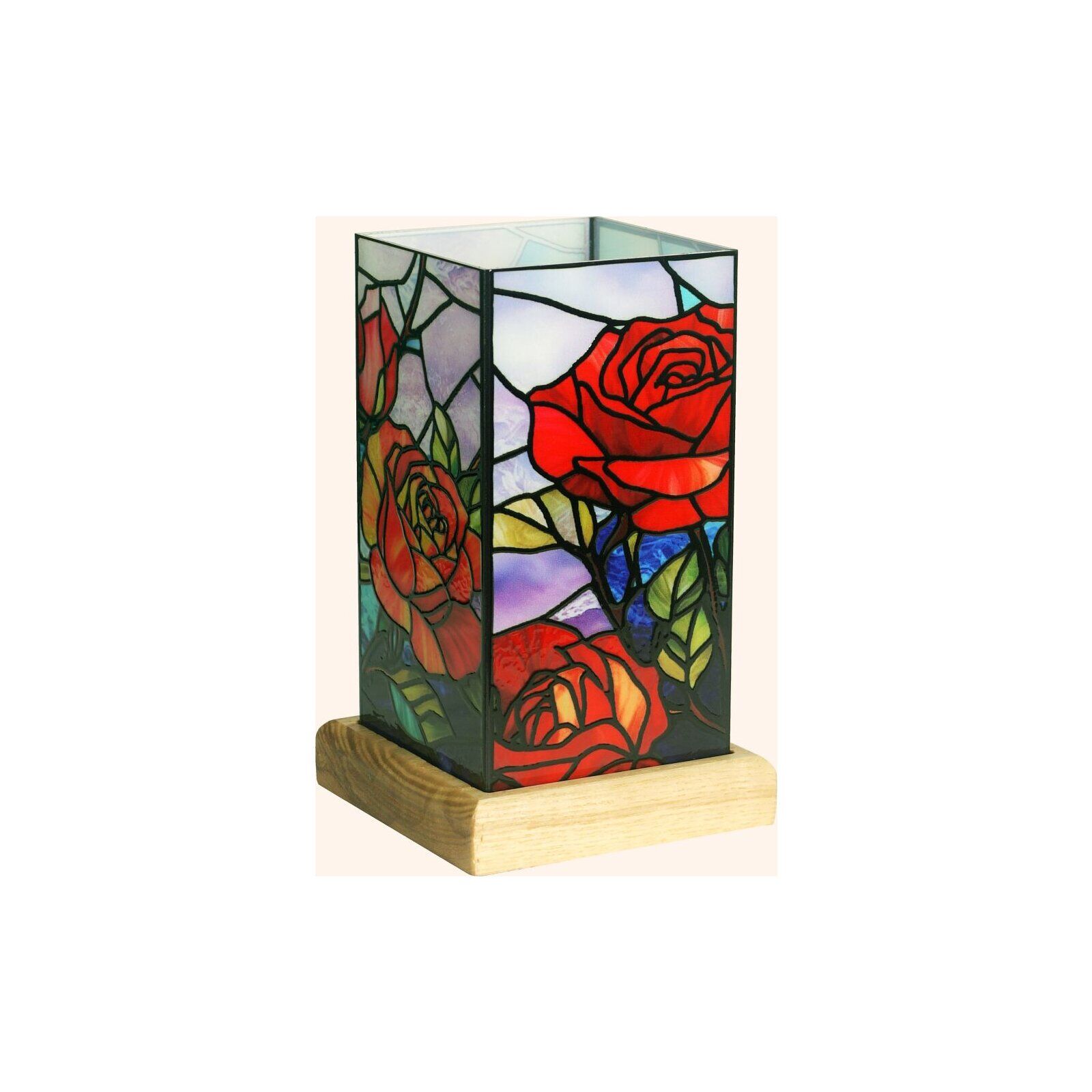 Éclairage LED, Rose sur socle en bois, Lampe Artisanale, 25011RO, 10 x 10 x 16 cm