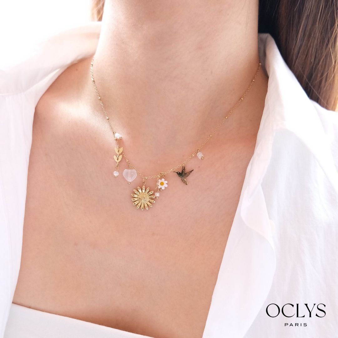 Collier breloques fleurs acier inoxydable doré Pina