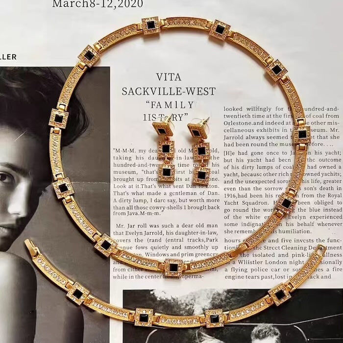 Schmuckset im Vintage-Stil aus schwarzem Onyx mit geometrischem Muster