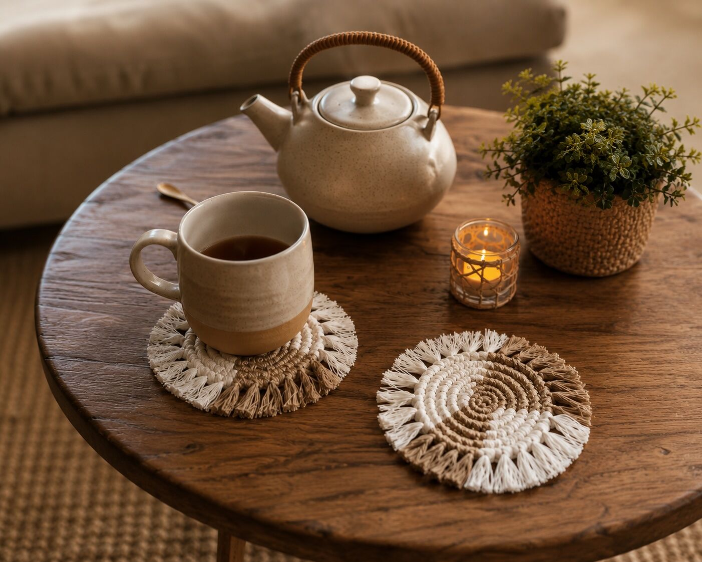 Handmade coaster made of natural cotton & jute