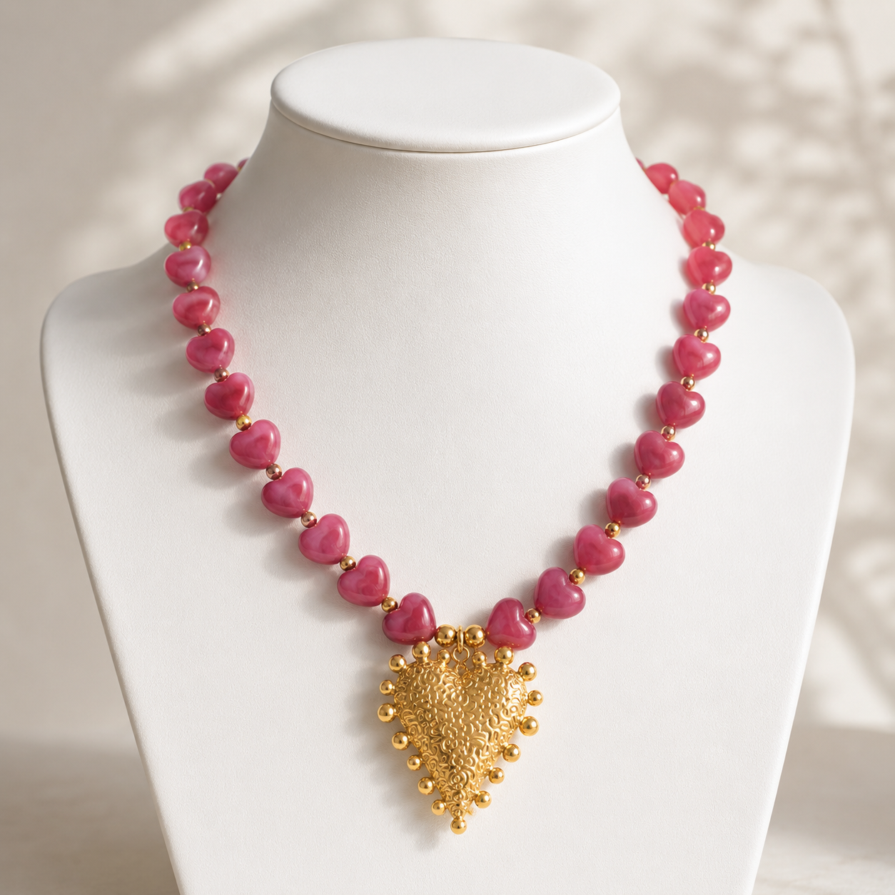 Rosa Halskette im Boho-Stil mit goldenem Herz