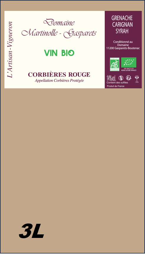 Bag in Box Organic red CORBIERES wine 5L or 3L artisanal 2022 (grenache, carignan, syrah)