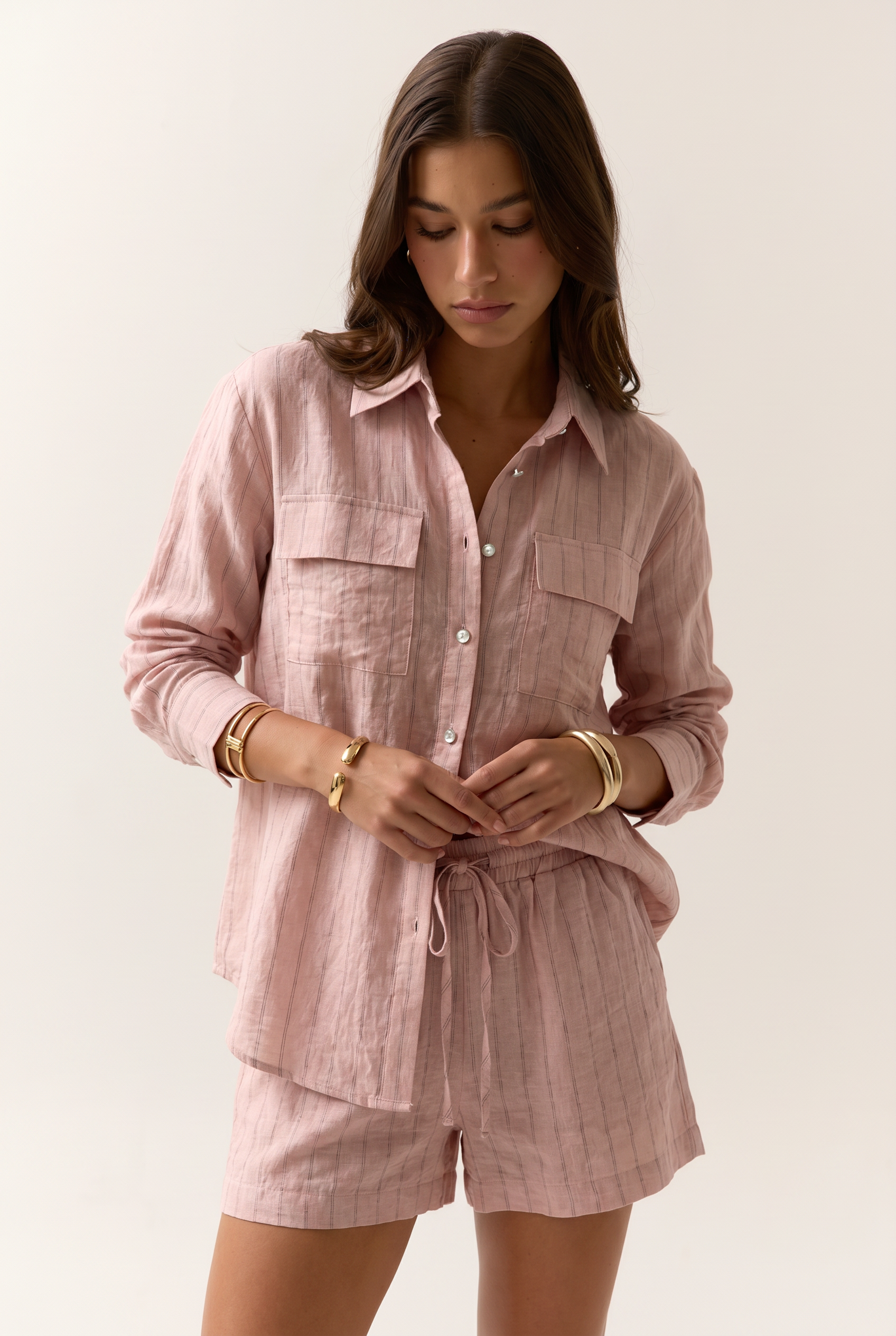 Camisa de lino a rayas con bolsillos (Conjunto 06YS05 y 06YS06) -2