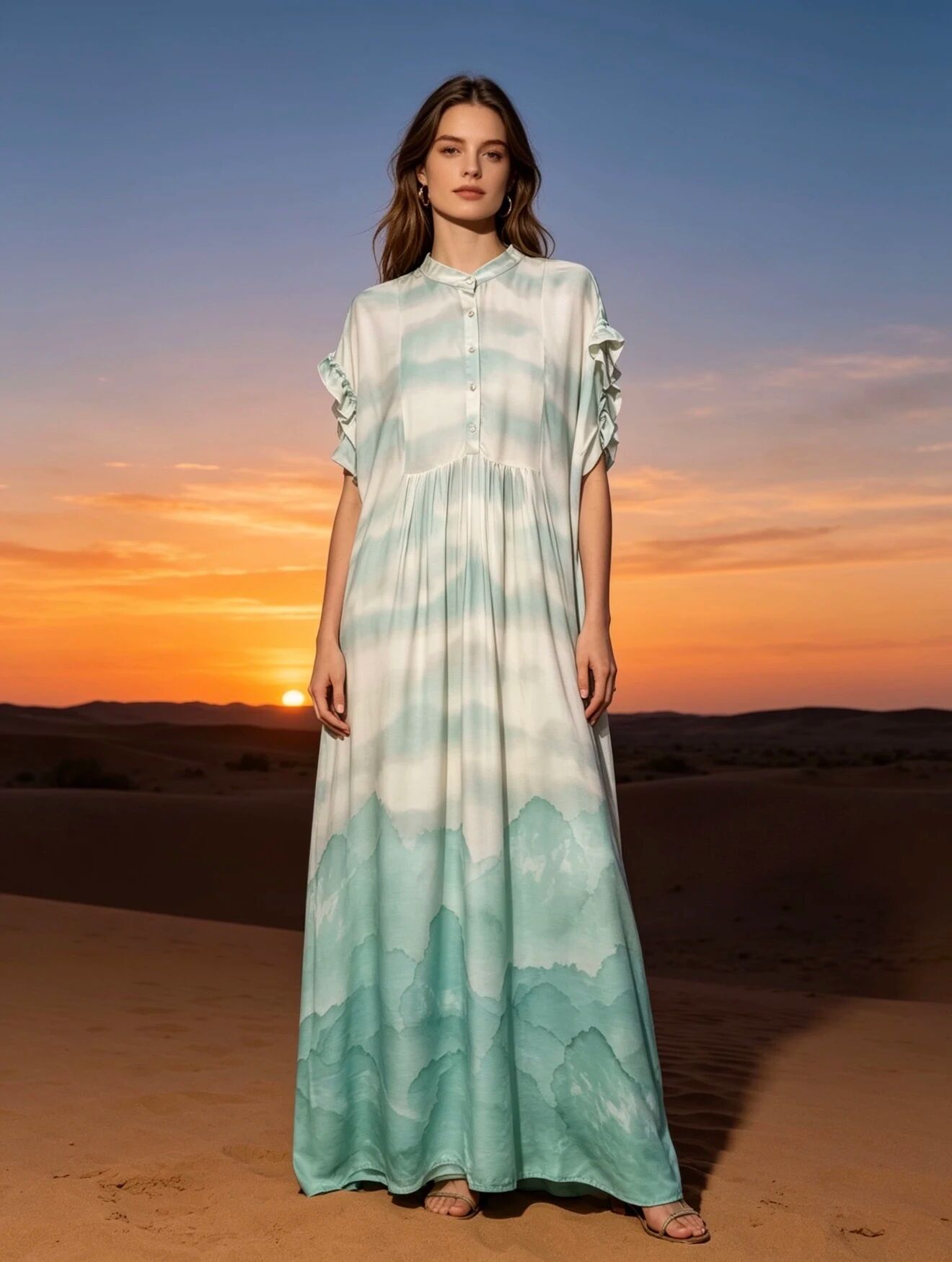 Long, flowing dress with a shirt-style print and flared cut