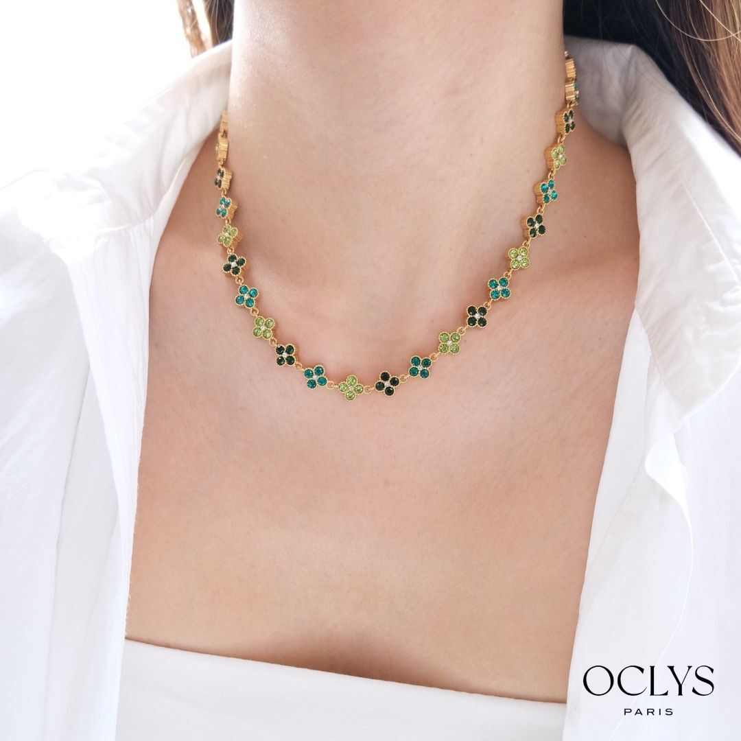 Collier fleurs strass acier inoxydable