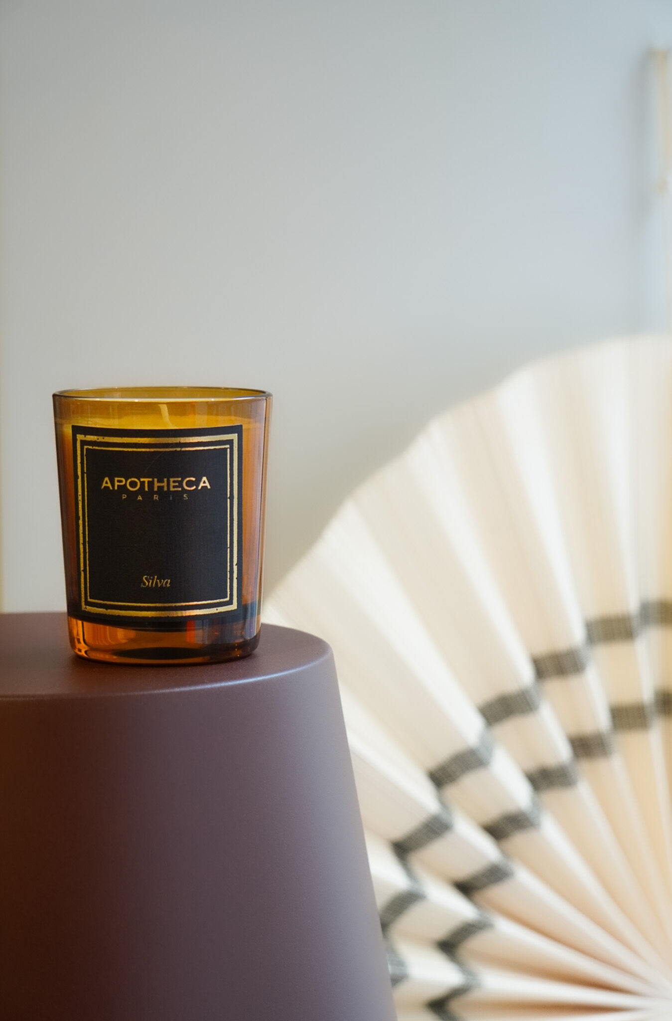 NUEVO: VELA APOTHECA DE 190 G EN VIDRIO ÁMBAR, AROMA SILVA (cuero y pino)