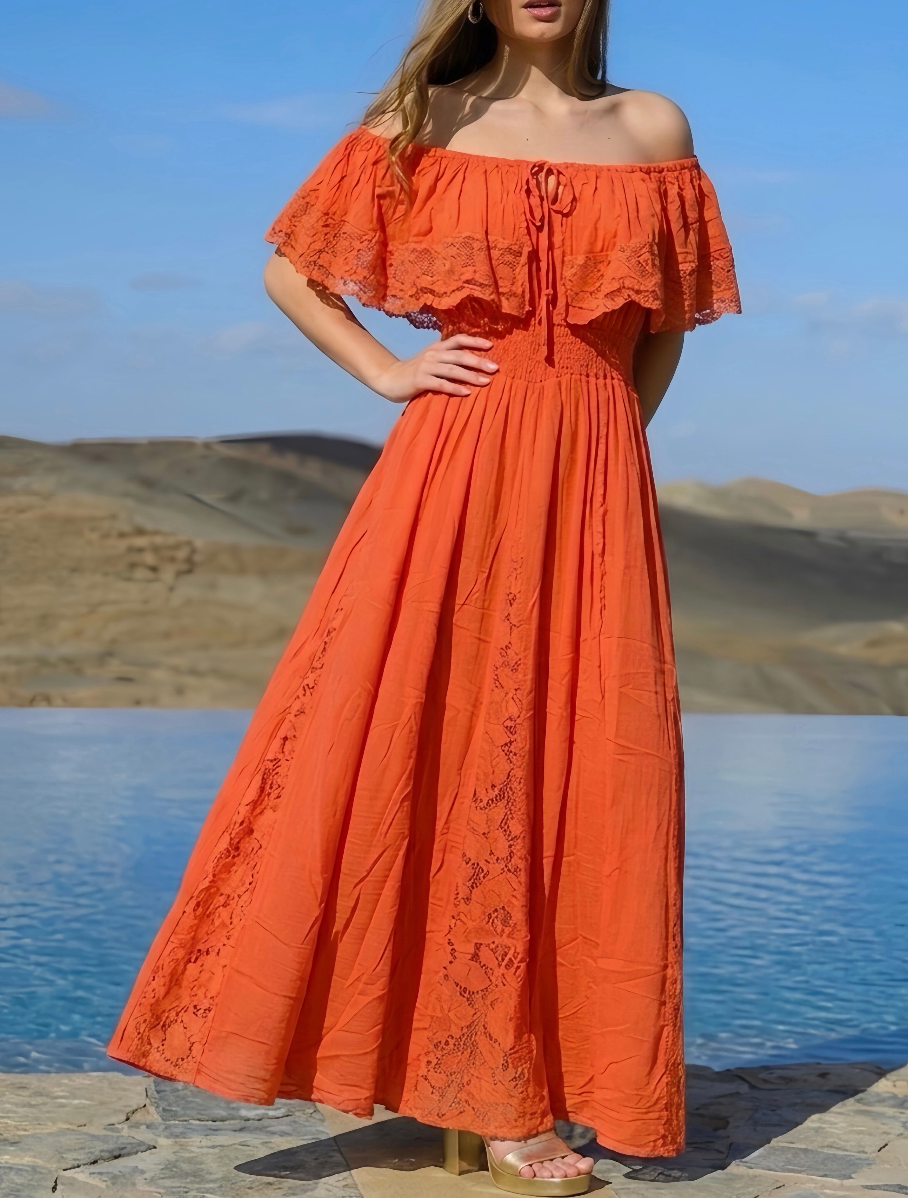 Long bohemian dress with a wide smocked waistband, Bardot neckline topped with a wide lace-trimmed flounce and tie, vertical openwork lace panels at the hem