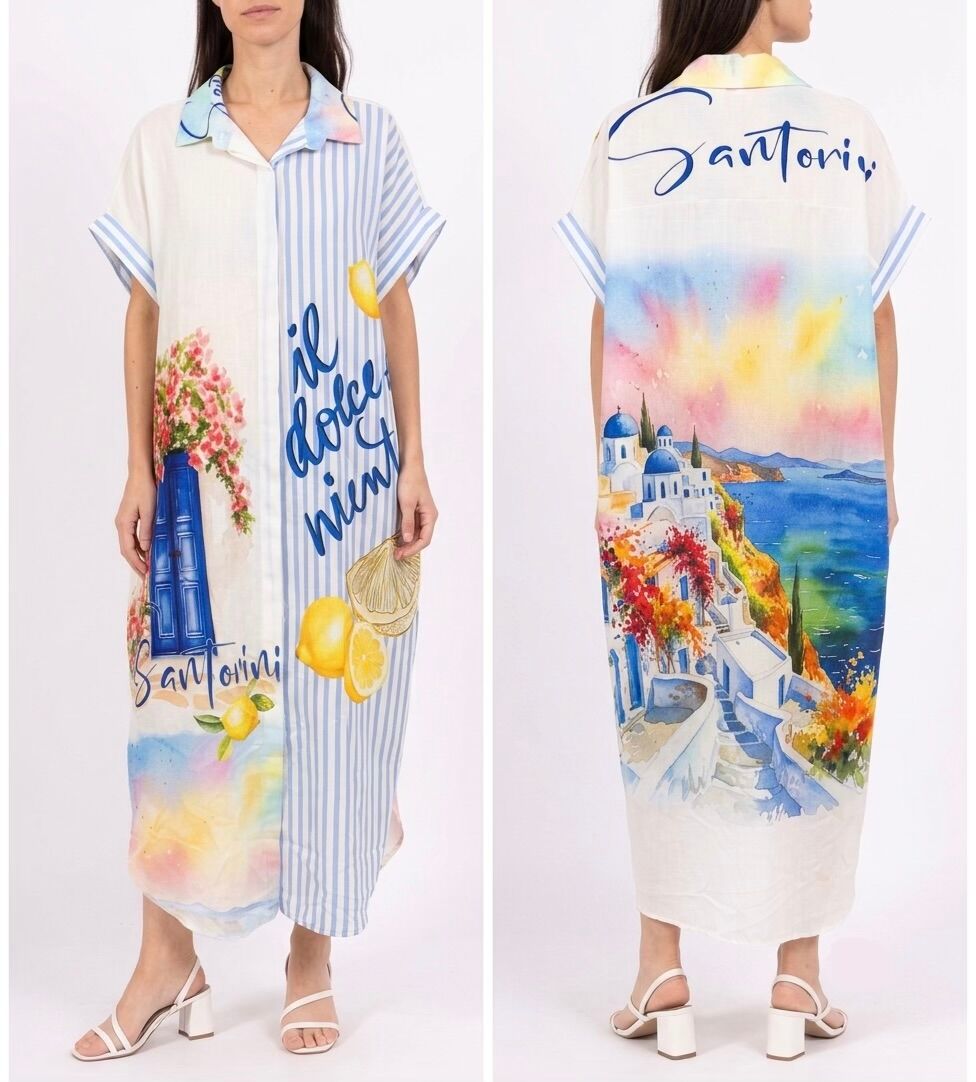 Long shirt dress with dropped shoulders forming short sleeves, various prints on the front and back