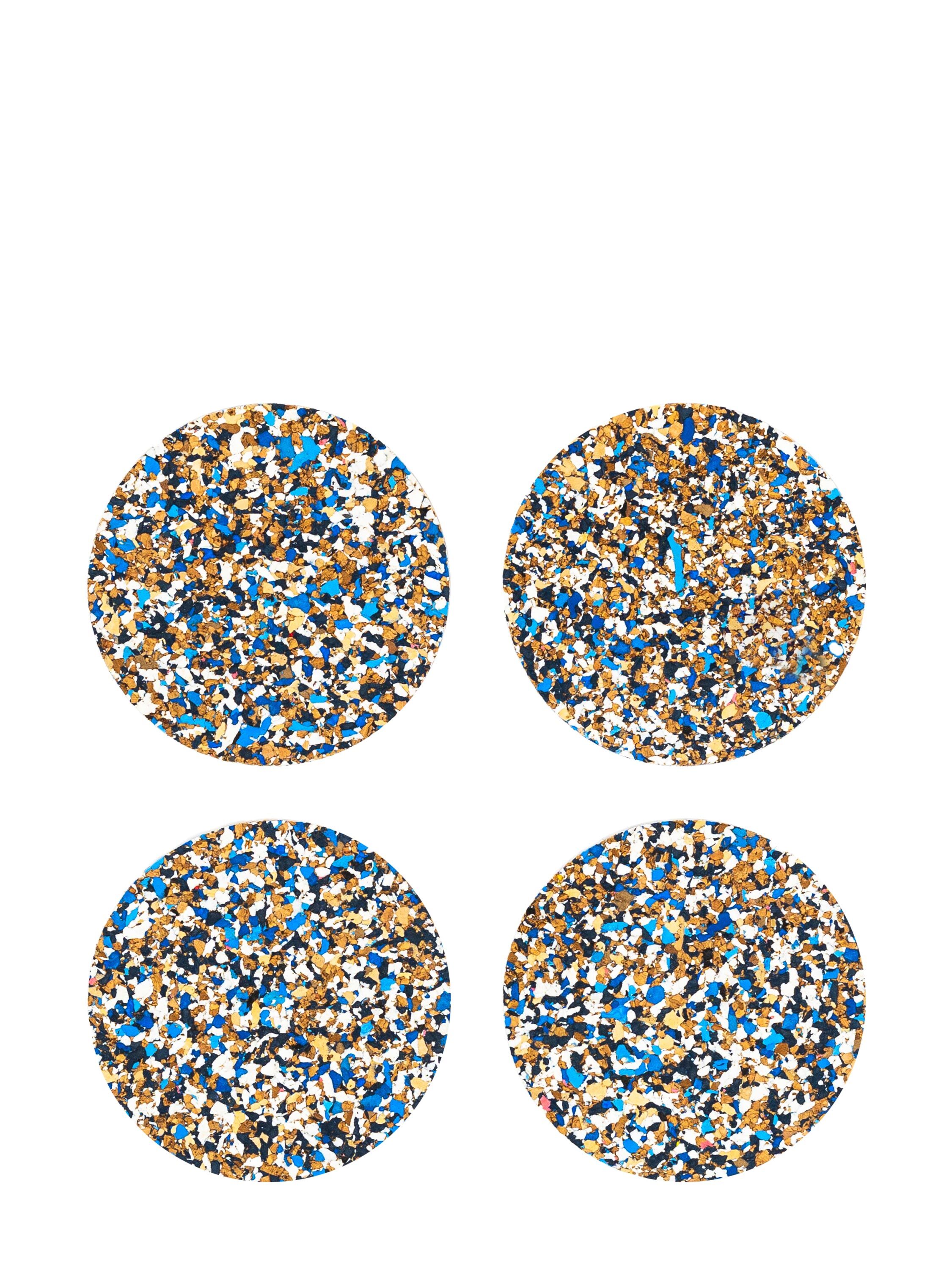 Runde, blau gesprenkelte Korkuntersetzer – 4er-Set