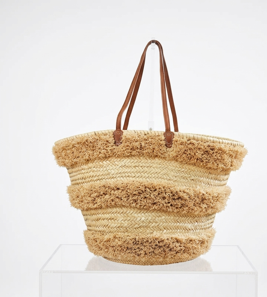 Moroccan Straw Basket Bag Fringe | Handwoven Palm Leaf Tote Leather Handles | Boho Pompom Beach Bag | French Market Basket Textured | Unique Gift for Her