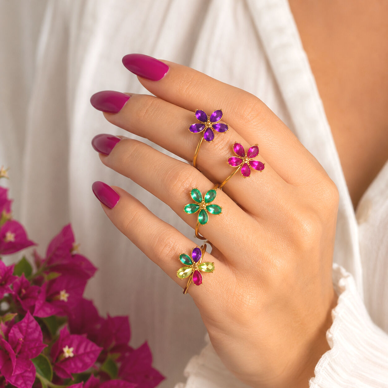 Verstellbare florale Edelstahlringe mit synthetischen Zirkonia