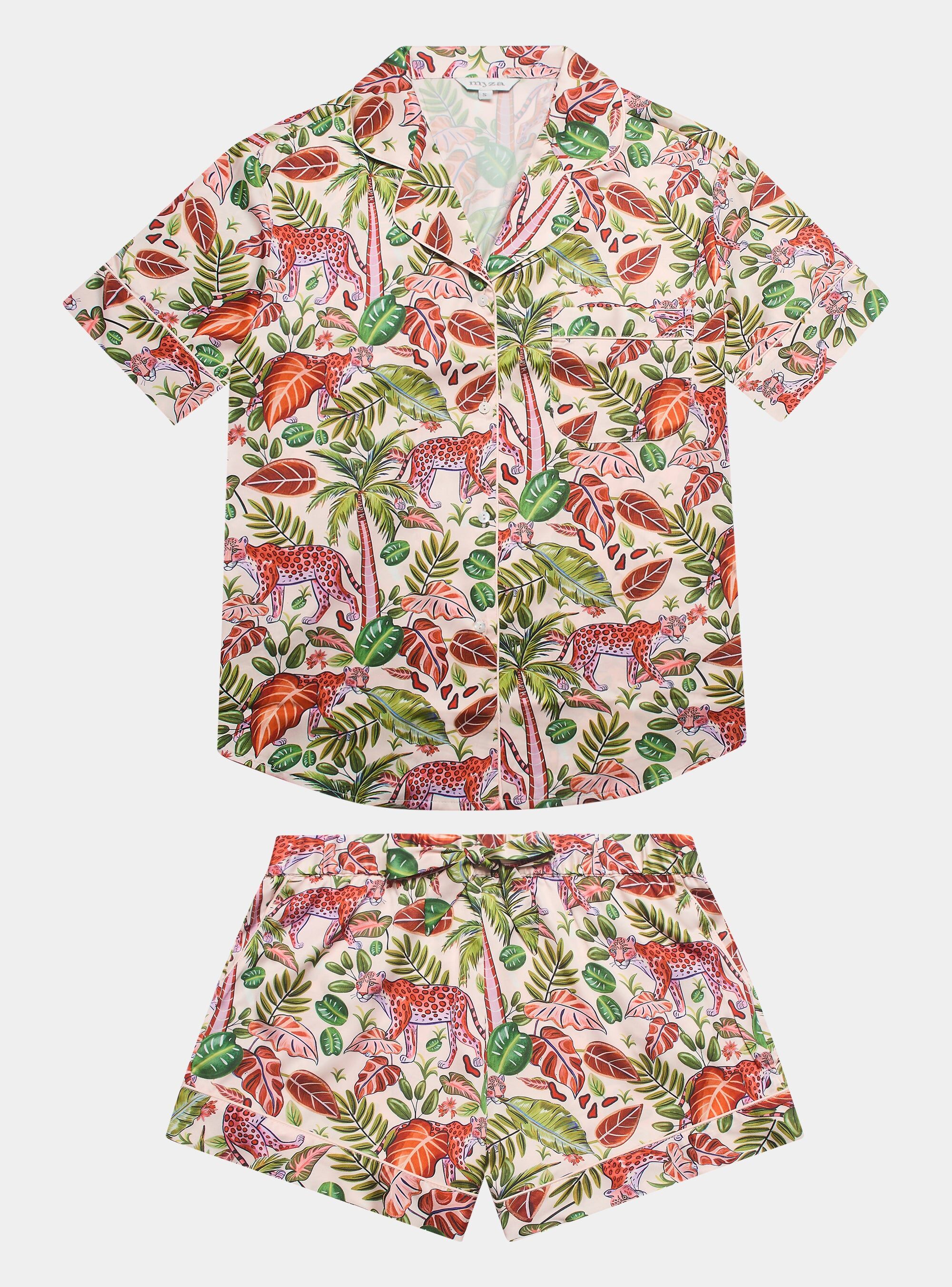 Completo pigiama corto da donna in raso stile safari tropicale