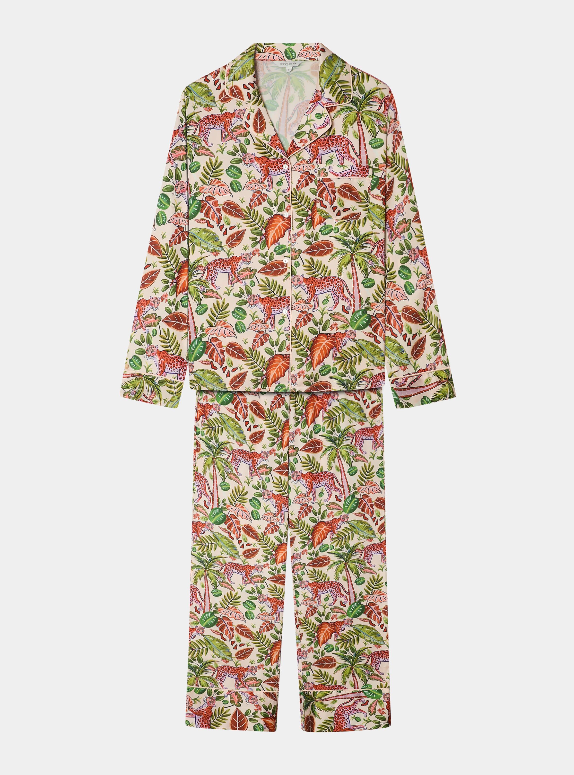 Completo pigiama da donna in raso stile safari tropicale con pantaloni.