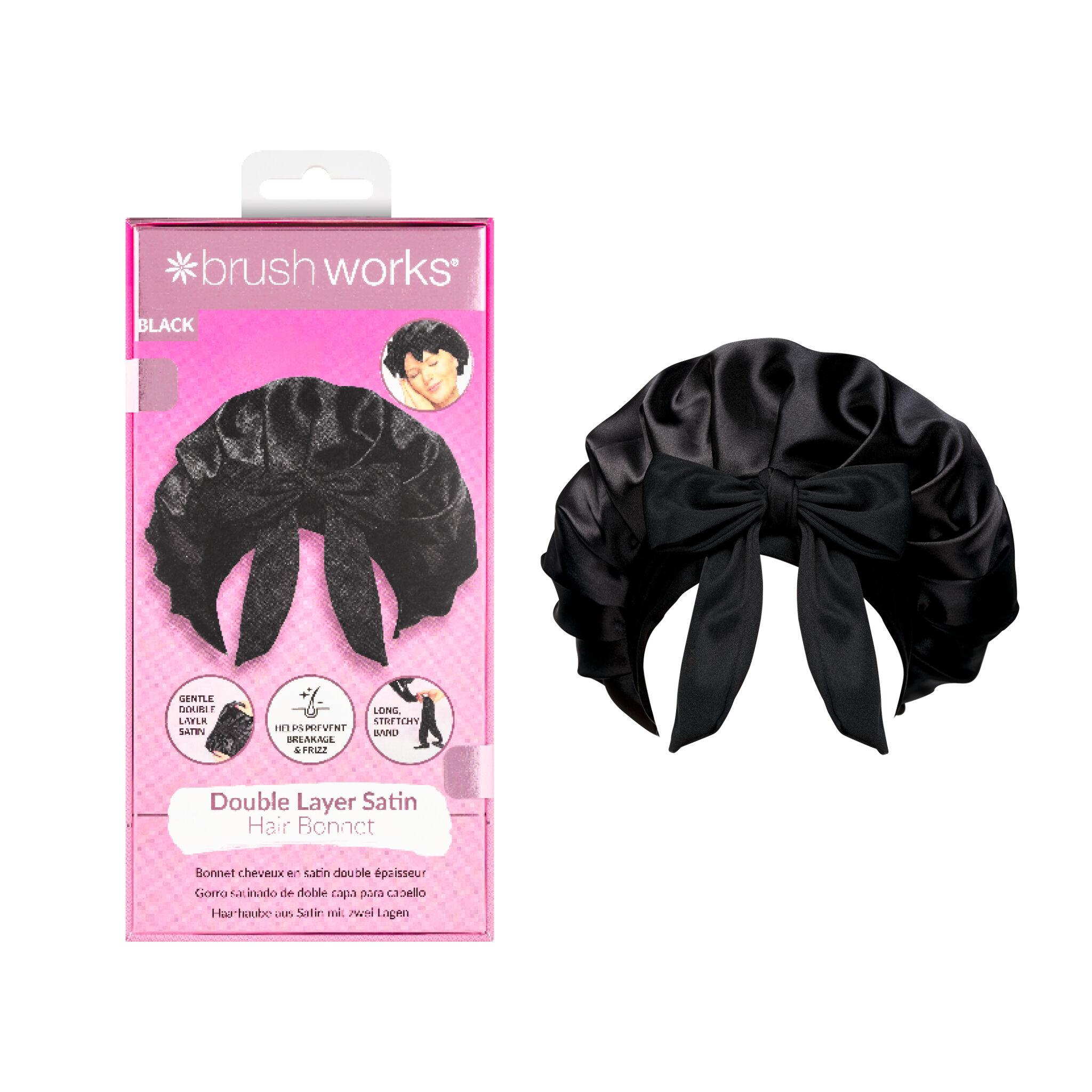 Bonnet de coiffure Brushworks double couche en satin – Noir