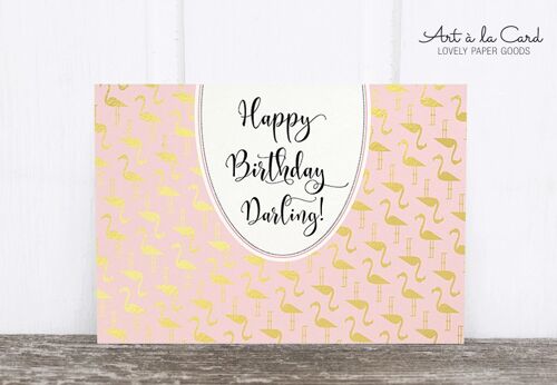 Holzschliff-Postkarte: Happy Birthday, Flamingo M