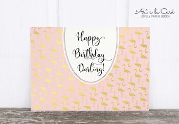 Carte postale en pâte de bois: Joyeux anniversaire, Flamingo M