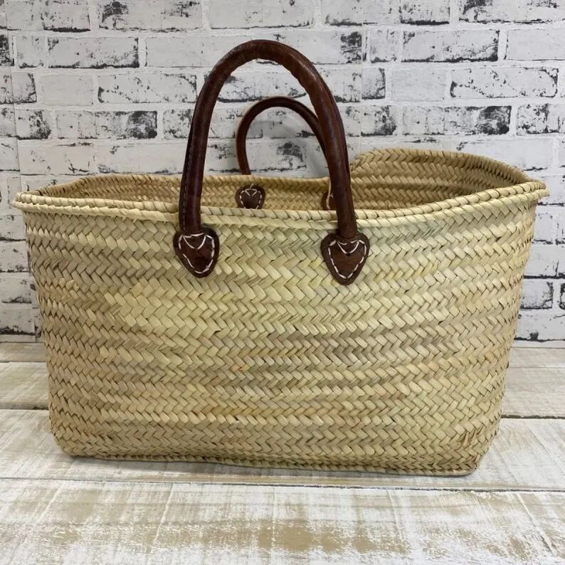 Moroccan Straw Market Basket Handmade | Palm Leaf Shopping Tote Short Leather Handles | Classic French Market Bag | Boho Beach Basket | Everyday Gift for Her