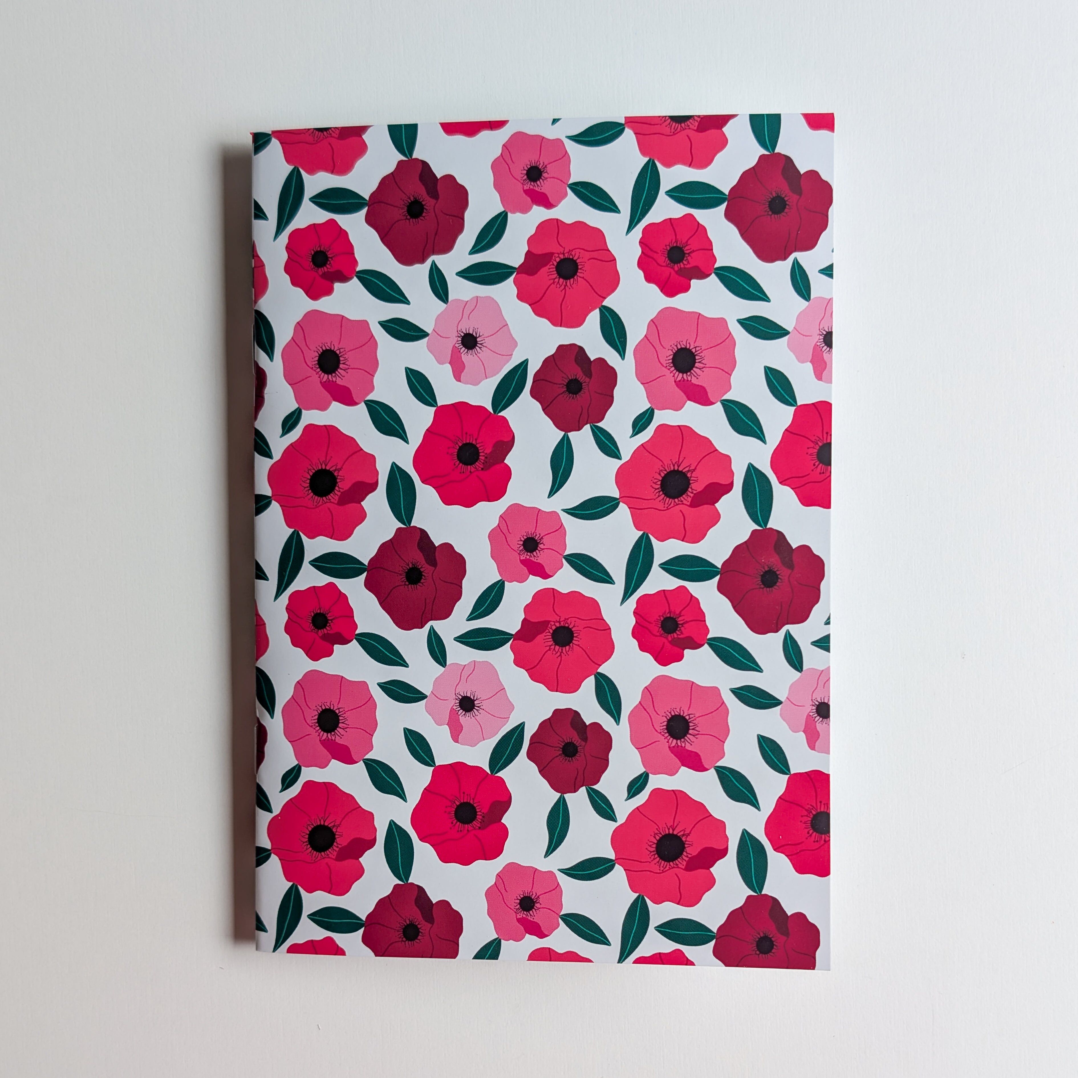 A5-Notizbuch – geheftete Bindung – Rosa und rote Anemonen