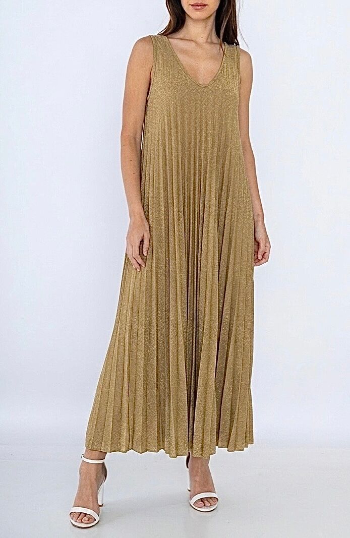 Long, shimmering, pleated, sleeveless dress with wide straps and a plunging V-neck.