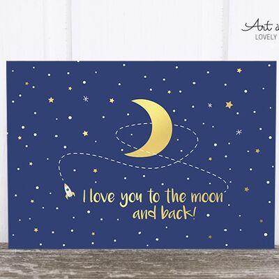 Carte postale gravure sur bois: je t'aime à la lune M