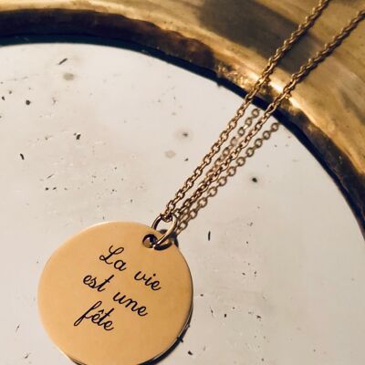 Necklace a Medal "Life is a party" - Gold - Standard classic (45cm)
