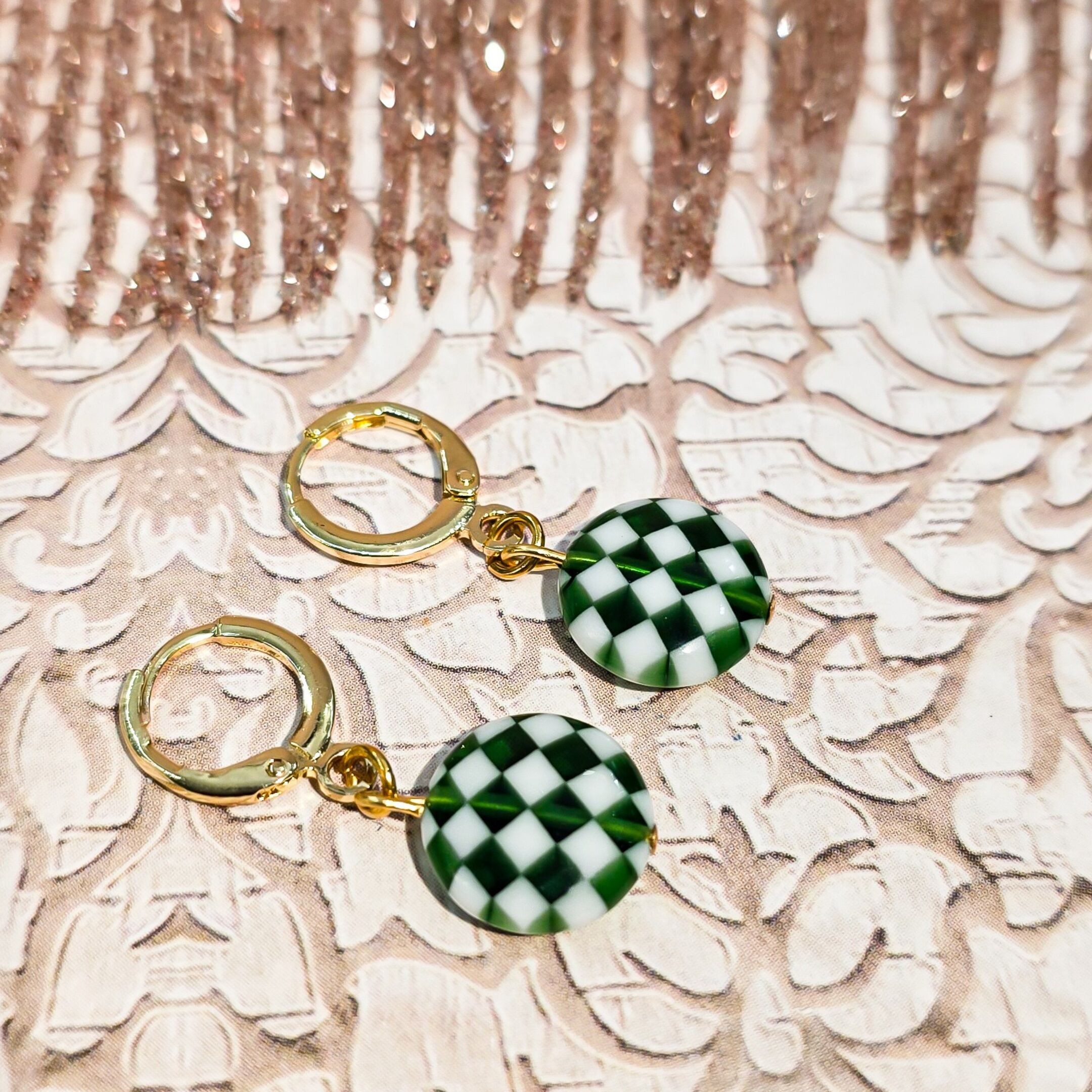 Bohemian chic checkered pendant sleeper earrings, gold, Mother's Day Gift for Mom, Christmas Gift for Teacher