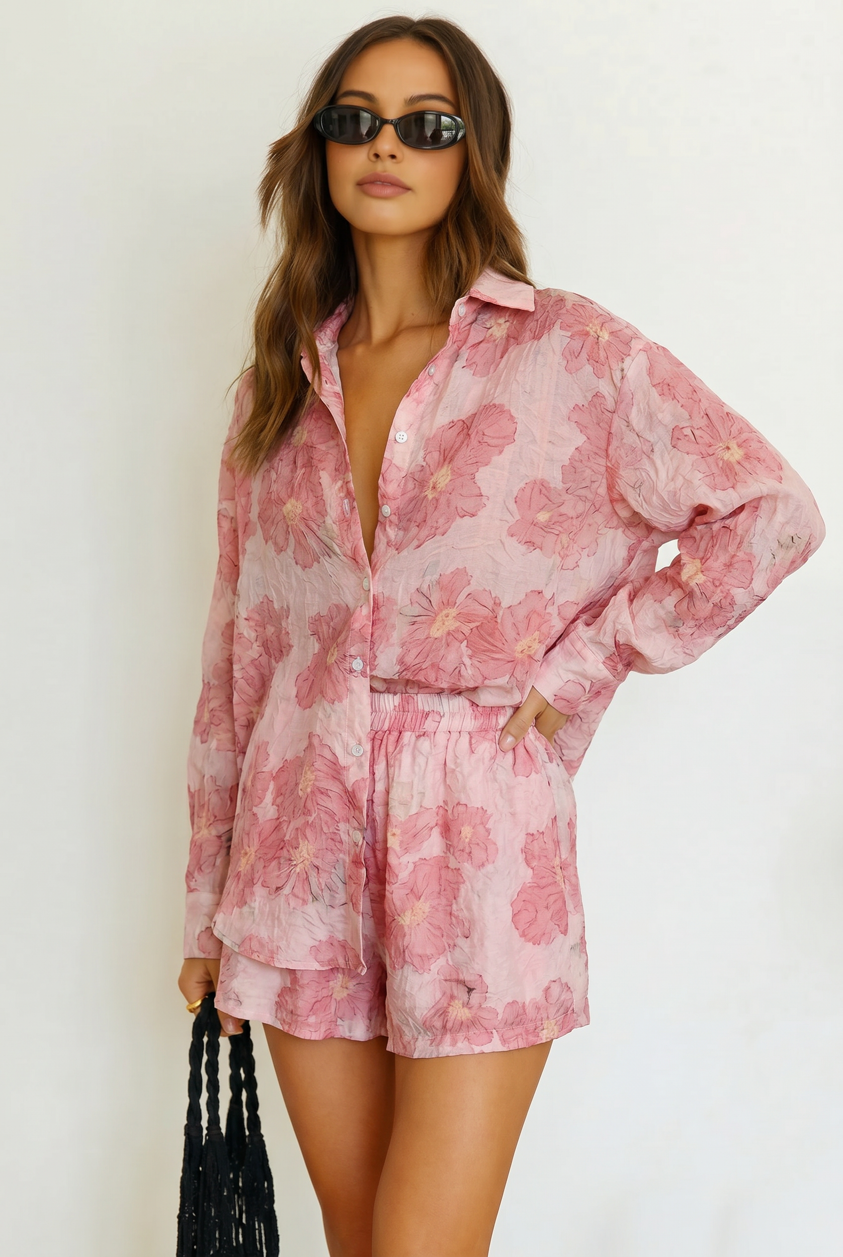 Conjunto de camisa de manga larga estampada y pantalón corto