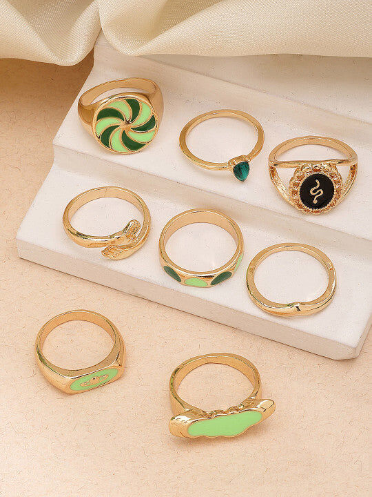 8pc Ring Band Collection – Gilded Finish, Embellished Design