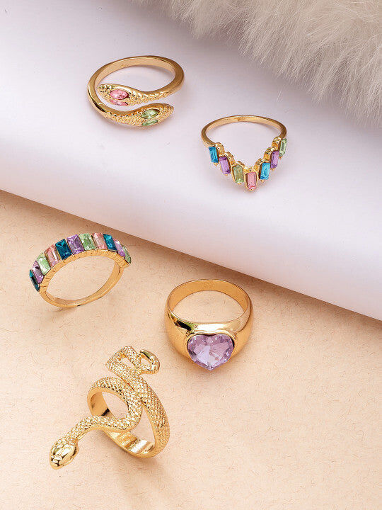 Multi-Design Ring Set – Gold-Tone & CZ Embellished – 5-Piece Assortment
