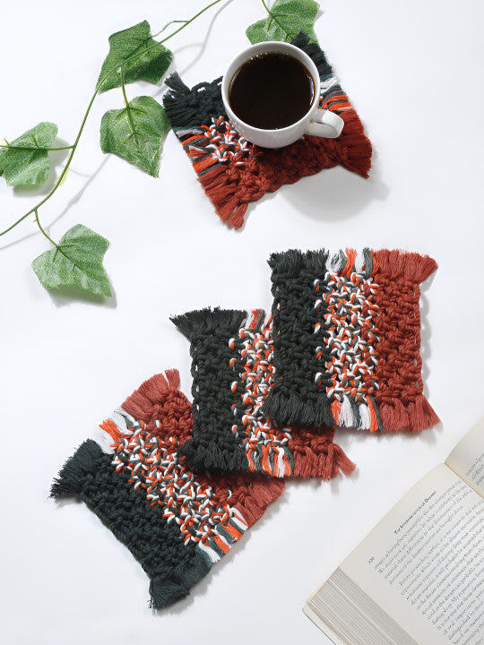 Woven Macrame Coaster Set – Table Decor Accents – 4pc