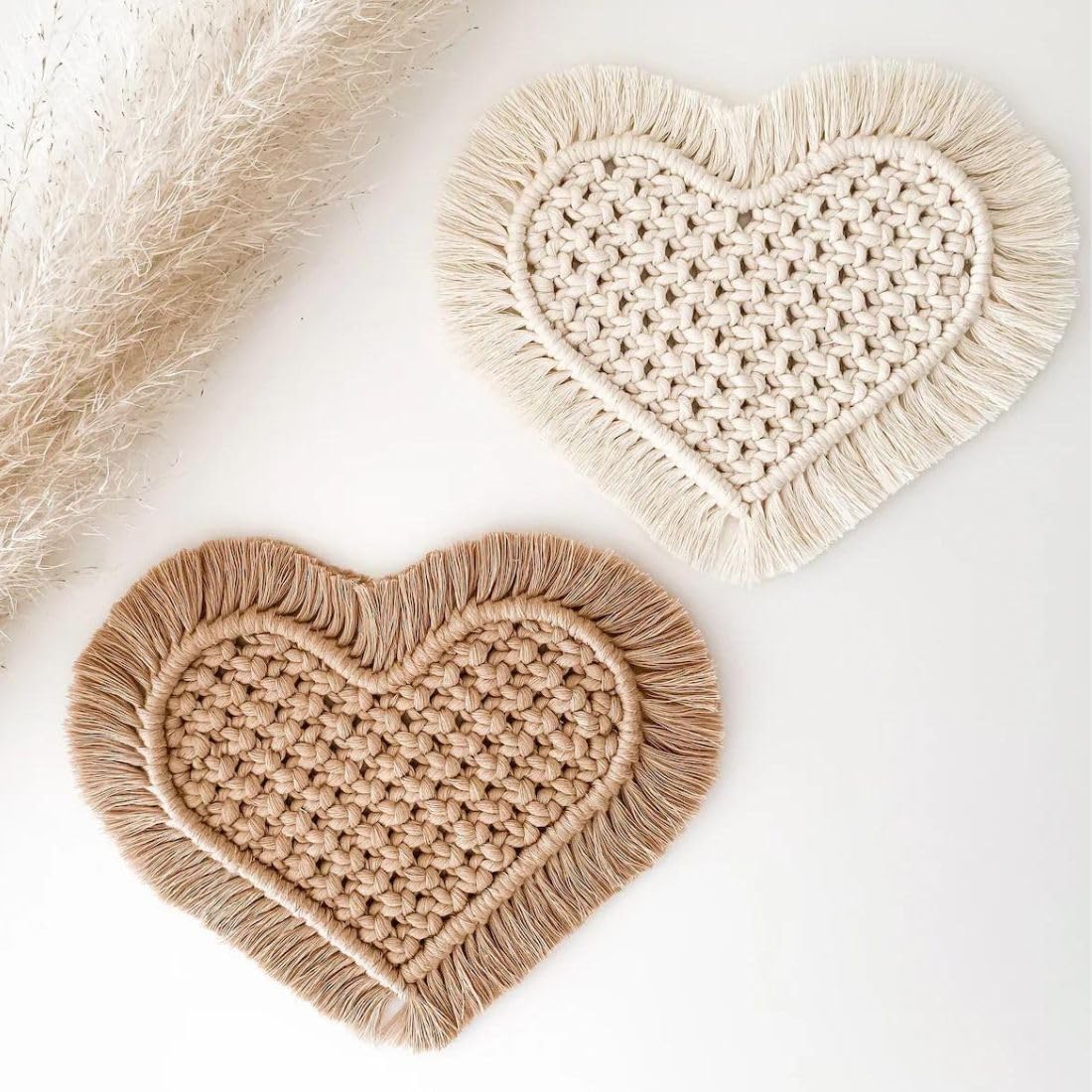 Heart Shaped Handwoven Macrame Coasters – Natural Cotton Bohemian Style – 2pc