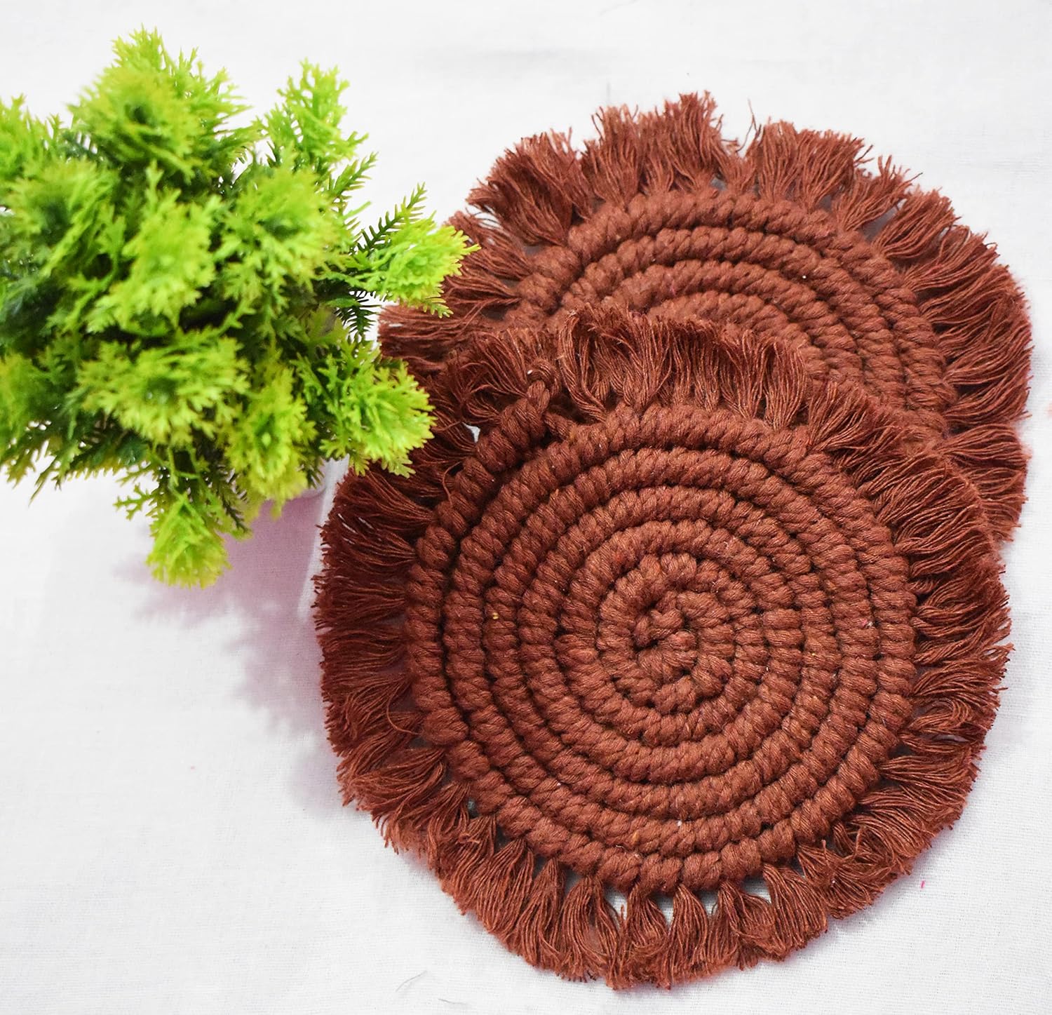 Brown Macrame Handwoven Cotton Coaster Set – 6" Diameter, 2-Pack