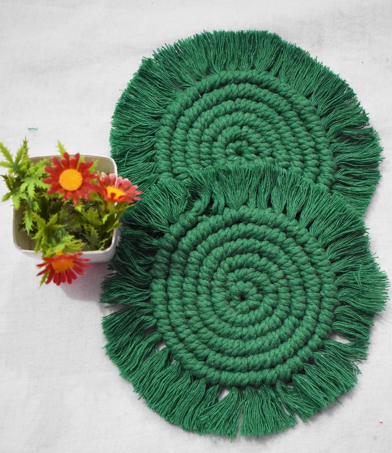 Green Macrame Handwoven Cotton Coaster Set – 6" Diameter, 2-Pack