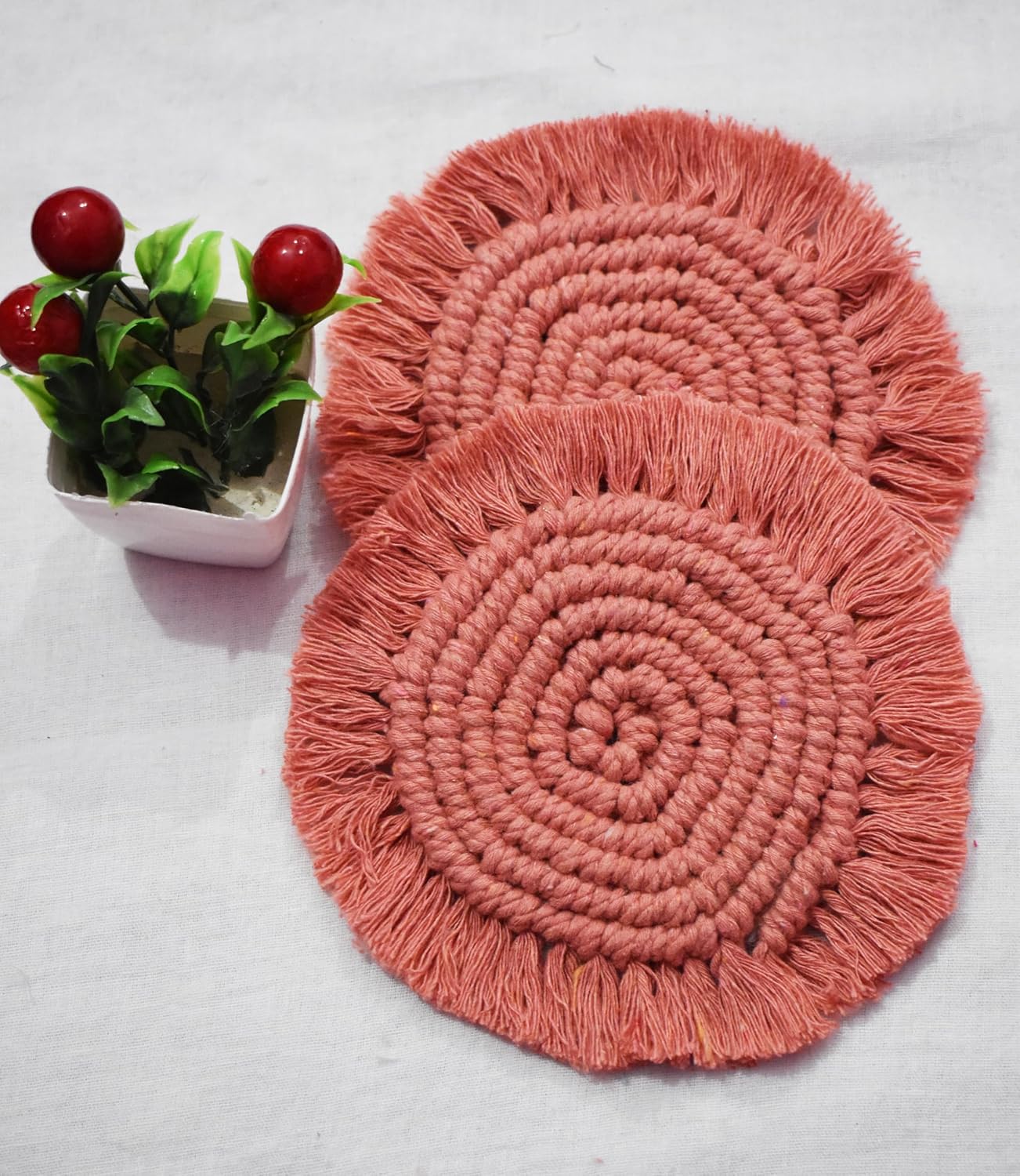 Rose Macrame Handwoven Cotton Coaster Set – 6" Diameter, 2-Pack