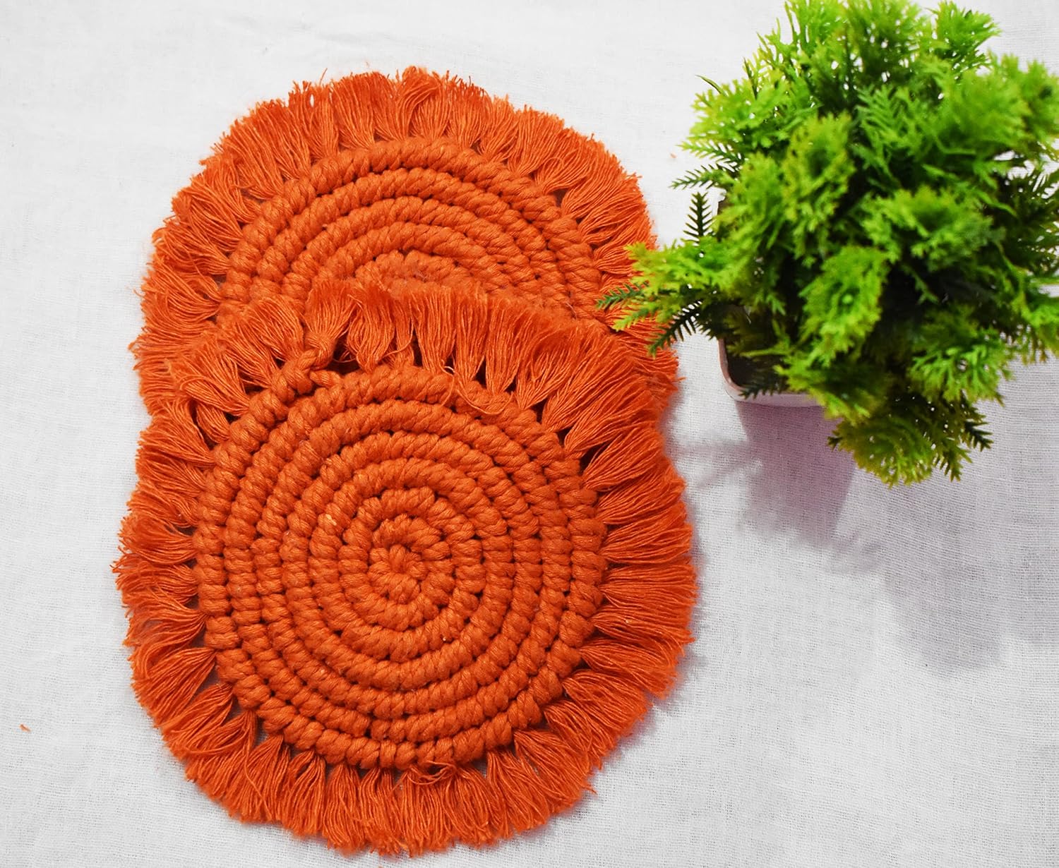 Orange Macrame Handwoven Cotton Coaster Set – 6" Diameter, 2-Pack