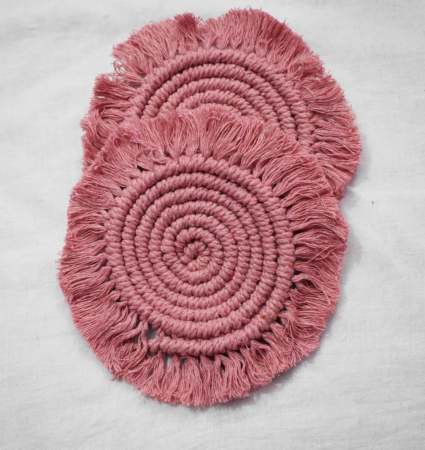 Pink Macrame Handwoven Cotton Coaster Set – 6" Diameter, 2-Pack