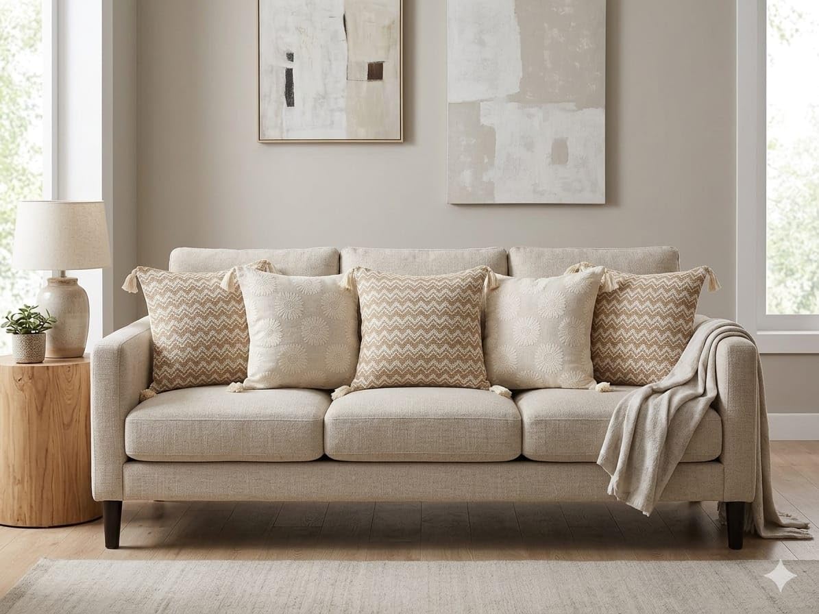 Patterned Cushion Covers – Natural Cotton, Textured Embroidery - Set of 2