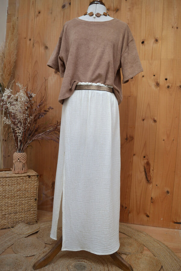 Jupe longue bohème fendue beige - ceinture brillante
