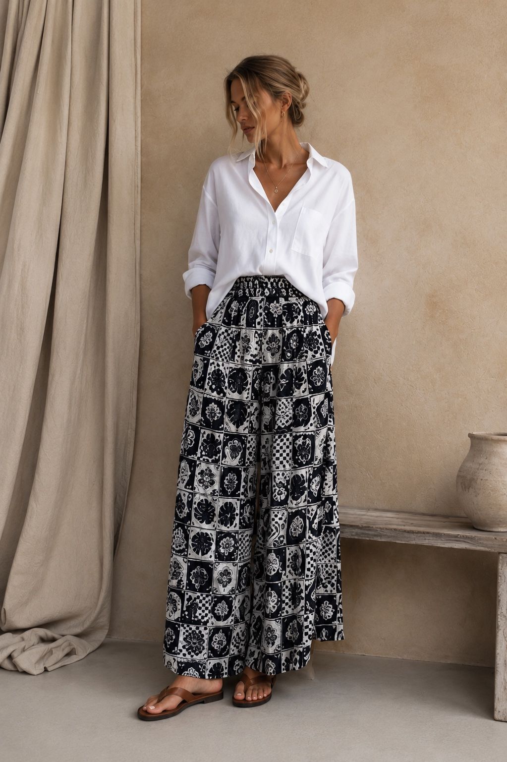 Straight-leg trousers with pockets in dobby cotton - Bohemian
