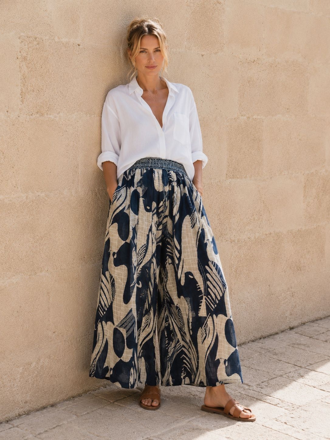 Straight-leg trousers with pockets in dobby cotton - Bohemian