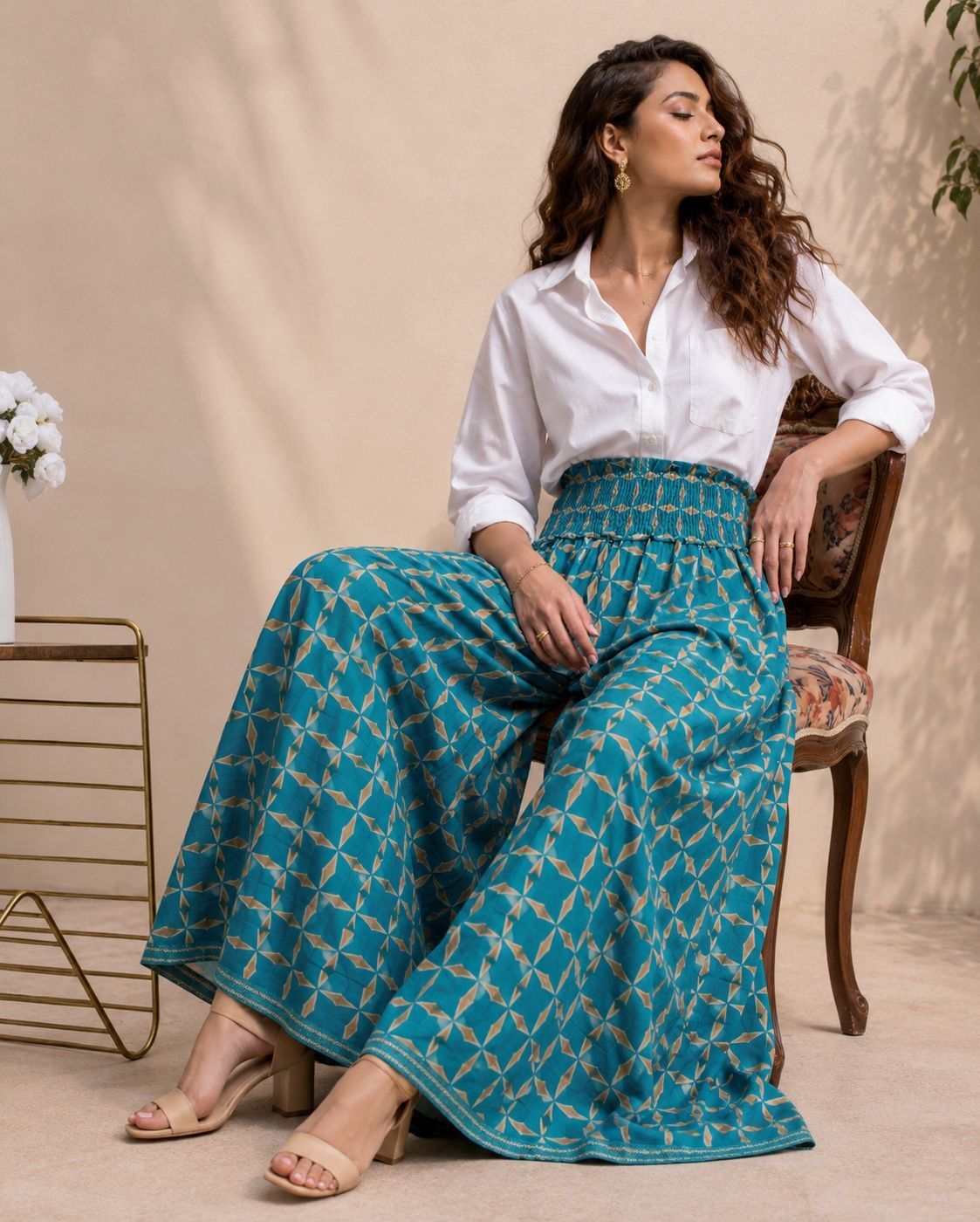 Bohemian straight-leg cotton trousers with smocking
